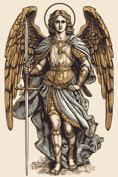 St. Michael the Archangel Illustration. Archangle Saint Michael. Generative Ai. Protection and Defense Symbol. Old style engraving.