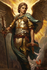 St. Michael the Archangel Illustration. Archangle Saint Michael. Generative Ai. Protection and Defense Symbol. Painting style.