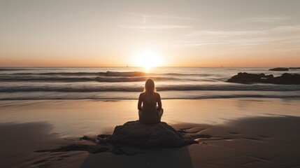 Naklejka na ściany i meble a person sitting on a rock on a beach at sunset with the sun in the distance and the ocean in the foreground, with a person standing on the sand. generative ai