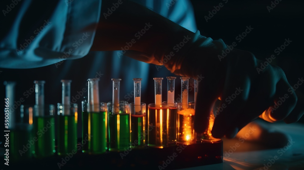 Aufkleber a person in a lab coat is holding a test tube filled with colored liquid and flasks of liquid in fro