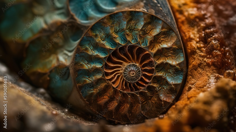 Poster a close up of a shell on a piece of rock with water droplets on the surface and a brown and blue she