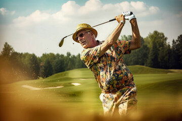 Senior golf player in a Hawaii shirt and pants taking a swing.
