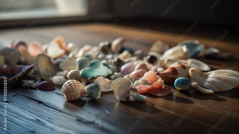 Poster a pile of sea shells sitting on top of a wooden table next to a window sill on a wooden floor next t