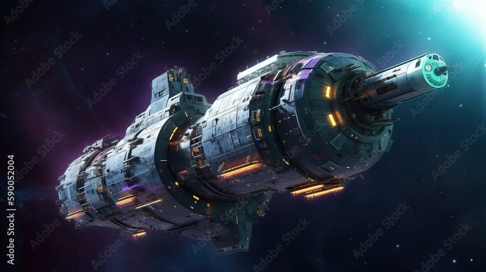 Poster a space station in the middle of a galaxy with a bright light coming from the top of the space stati