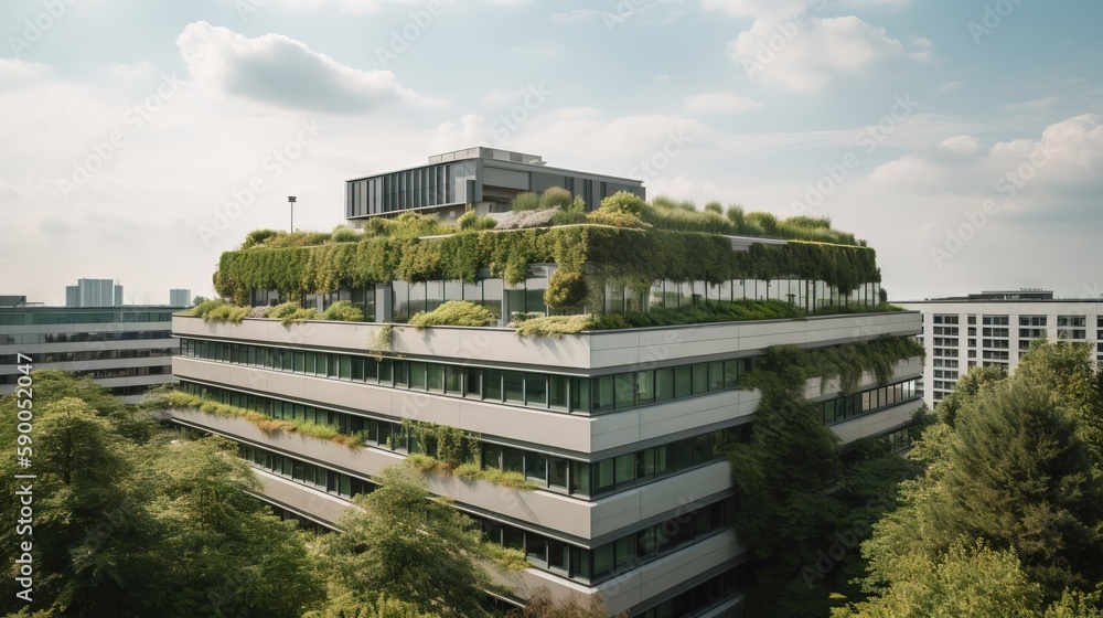 Aufkleber a building with a green roof and a lot of trees on the top of the building and a lot of windows on t