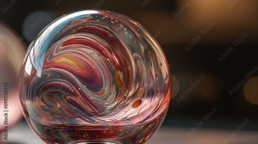 Poster a close up of a wine glass with a swirl pattern on it's surface and a blurry background behind the g