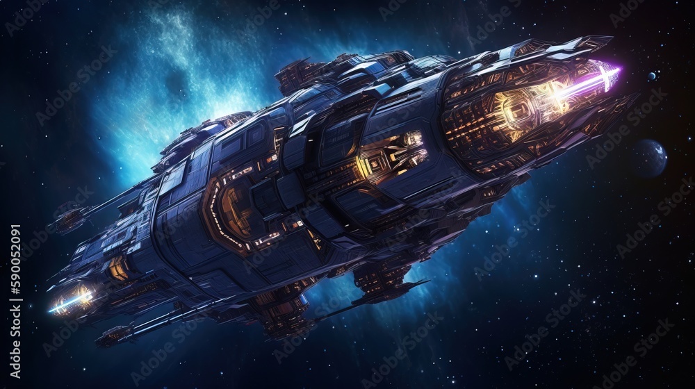 Poster a space ship floating in the middle of a galaxy with stars in the sky and a moon in the background w