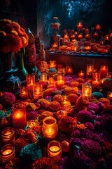Fototapeta na wymiar Marigold flowers, candles, vertical. Day of the Dead cemetery at night, Mexico. Generative AI