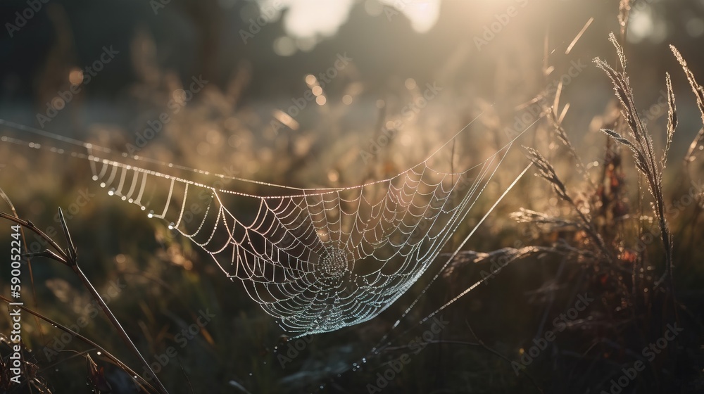 Poster  a spider web in the middle of a field of grass with the sun shining through the grass and the spider web in the middle of the grass.  generative ai