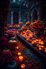 Pumpkins, candles and marigold flowers. Day of the Dead cemetery at night, Mexico. Generative AI