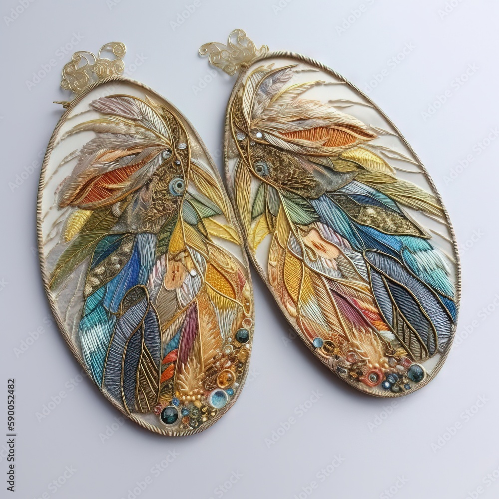 Poster a pair of earrings with feathers and beads on them on a white surface with a white surface in the mi