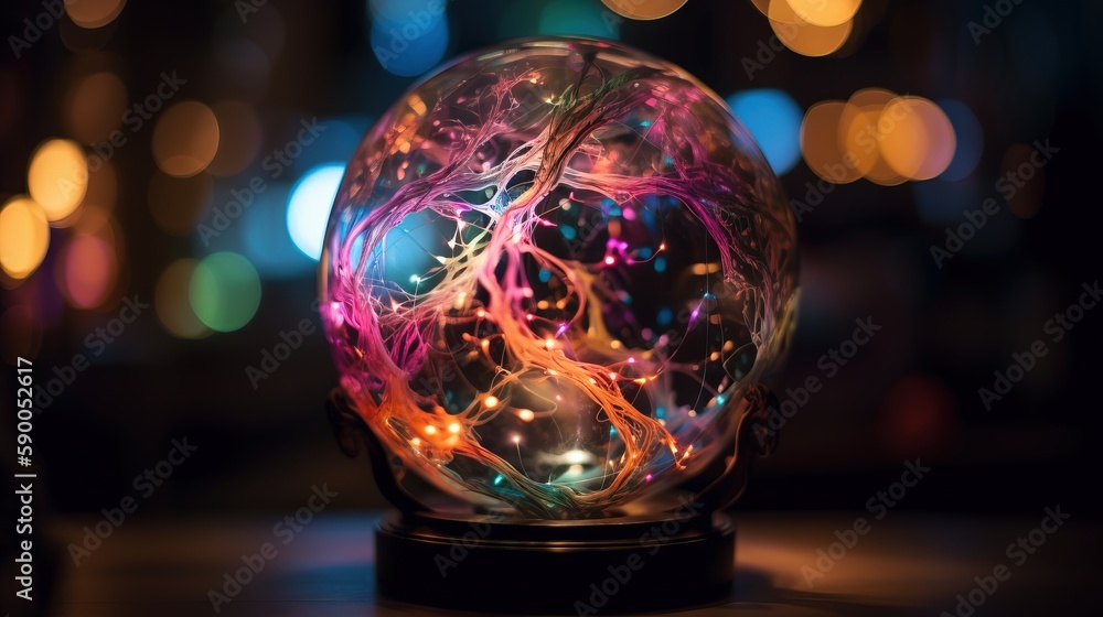 Poster a colorful glass ball with a tree inside of it on a table with a blurry background of lights and a b