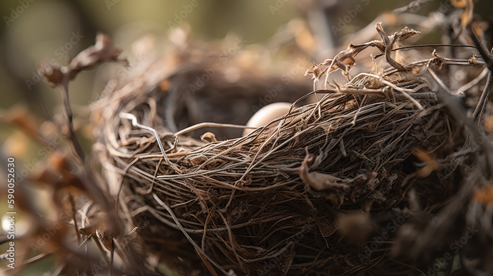 Poster a bird's nest with two eggs in it's nest on a tree branch in the sun, in a blurry background. genera