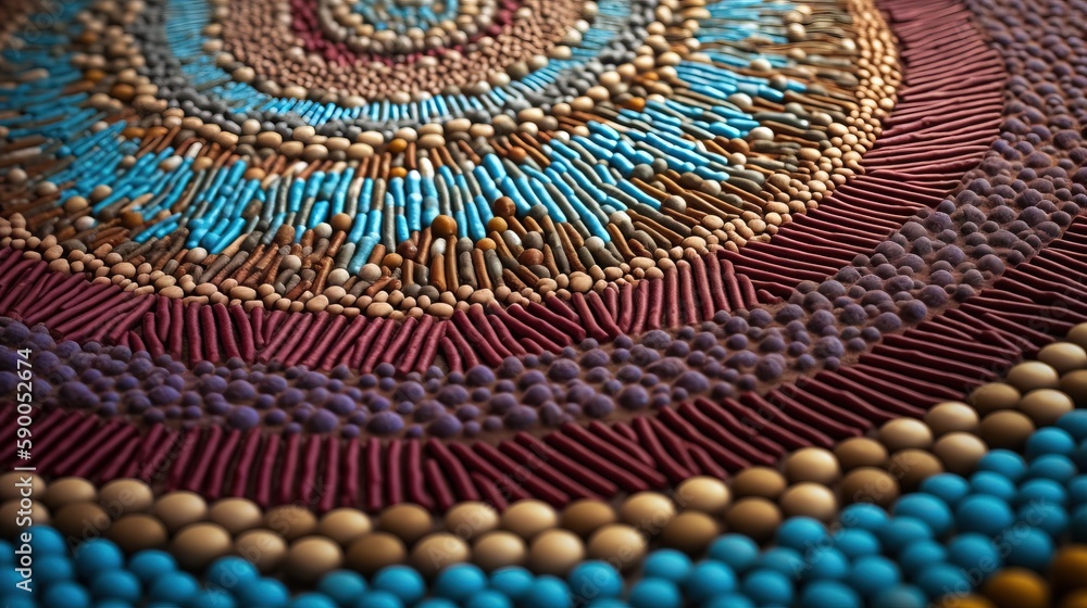 Poster a close up picture of a circular object made of beads and beads on a table top with a circular desig