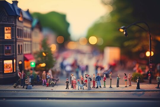 City life with living building facades and people walking at street, aerial view. Urban infrastructure. Model of city street in miniature, tilt shift. Created with Generative AI