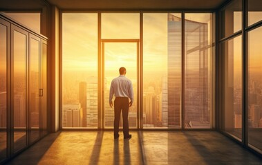 A businessman standing in front of a skyscraper and watching a window at sunset in a big city. Generative AI.