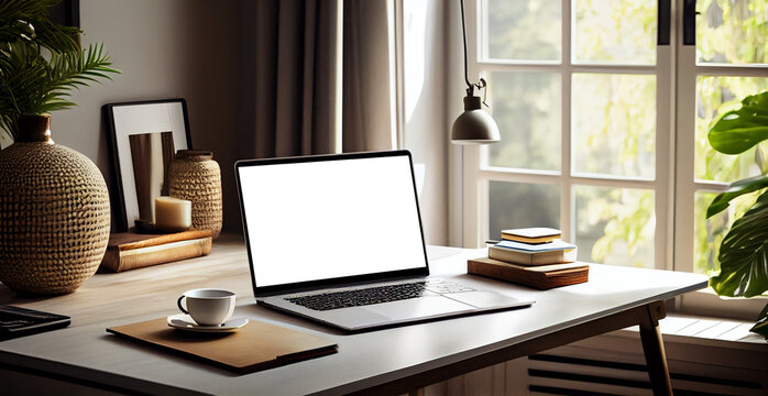 Modern workspace with blank screen laptop, white frame - AI generated image