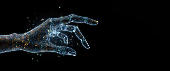 Digital hand hologram on dark background with copy space. Neural network connection. Communication with artificial intelligence. Created with Generative AI - obrazy, fototapety, plakaty