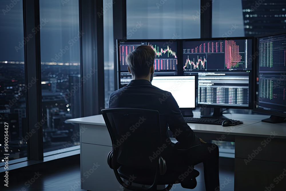 Aufkleber trader at workplace analising stock exchange graphs. man sitting at table, looking at screen with st