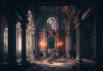 Spooky indoor of an eerie structure frequented by ghosts and spirits. Generative AI
