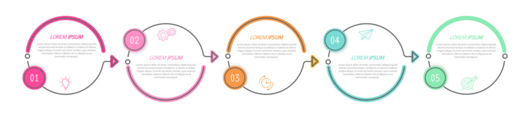 Business infographics. 5 stages of achieving the goal. Stages of the workflow, development, marketing, plan or training. Business strategy with icon icons. Report or statistics schema