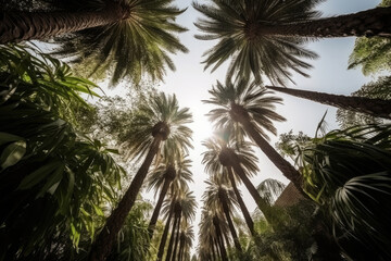 Fototapeta na wymiar Palm tree silhouettes against sky, view from bottom. Tropical background. Created with Generative AI