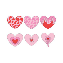 Fototapeta na wymiar Howdy Valentines Day cow skin flaming concentric stripes shot down hearts vector illustration set isolated on white. Wild West St Valentine Day Red Pink aesthetics heart print collection.