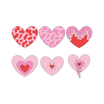 Howdy Valentines Day cow skin flaming concentric stripes shot down hearts vector illustration set isolated on white. Wild West St Valentine Day Red Pink aesthetics heart print collection.