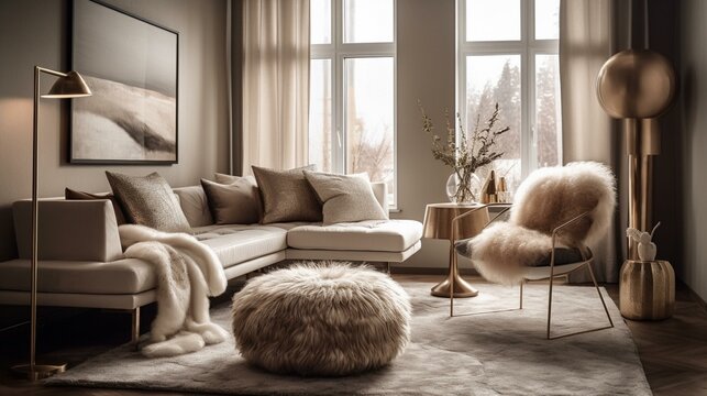 A serene Living Room with Metallic and Faux Fur textures, natural decor, and soft lighting, generative ai