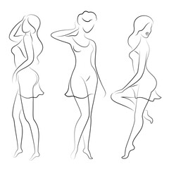 Collection. Silhouette of a woman in a modern continuous line style. The girl is slim and beautiful. Lady suitable for decor, posters, stickers, logo. vector illustration set.