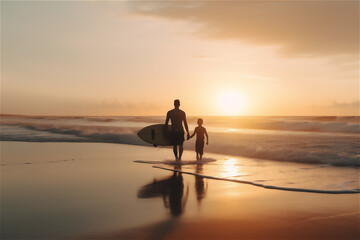father and son surfers silhouettes against the waves: A dramatic shot of a beautiful beach at sunset, with the waves crashing behind them. generative ai