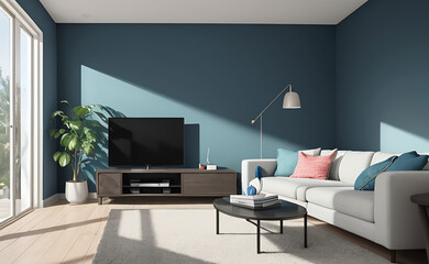 Mock up blue wall background, Modern living room decor. 