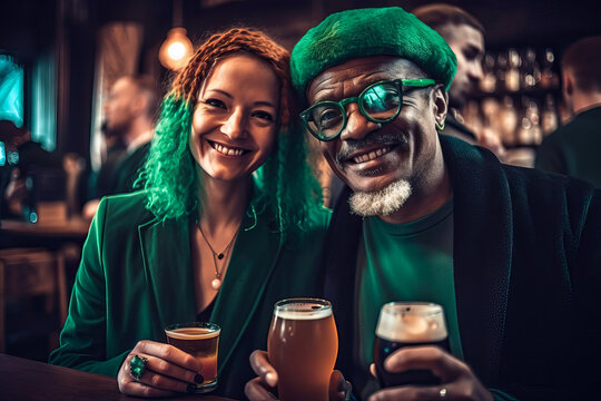 People celebrating St. Patricks Day in an Irish pub. Generative AI