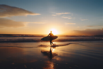 lifestyle shot of surfer running in the ocean waves with long board.generative ai.