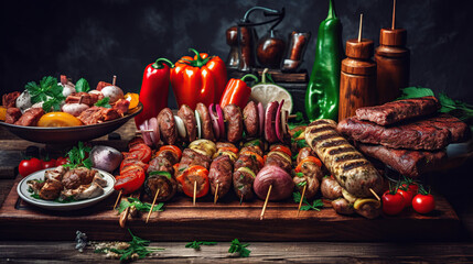 Assortment various barbecue food grill meat, bbq party fest - shish kebab, sausages, grilled meat fillet, fresh vegetables, sauces, spices, dark rusty concrete table, above copy space, generative Ai