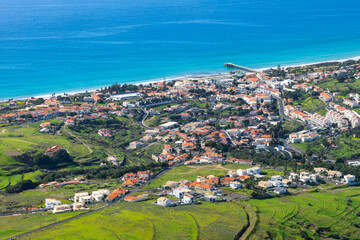 Fototapeta na wymiar Porto Santo Landscape view from Viewpoint of Pico Castelo. Popular tourist destination in Portugal Island in the Atlantic Ocean. Vila Baleira in Porto Santo, Madeira, Portugal.