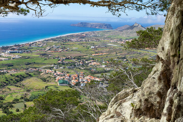 Fototapeta na wymiar Porto Santo Landscape view from Viewpoint of Pico Castelo. Popular tourist destination in Portugal Island in the Atlantic Ocean. Vila Baleira in Porto Santo, Madeira, Portugal.