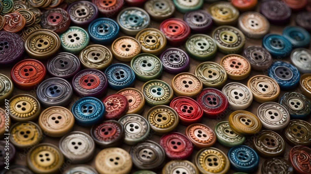 Poster a close up of a bunch of buttons on a table with many colors of buttons on them and a black backgrou