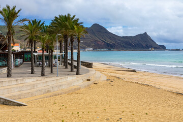 Porto Santo Beach. Popular tourist destination in Portugal Island in the Atlantic Ocean. Vila Baleira in Porto Santo, Madeira, Portugal.