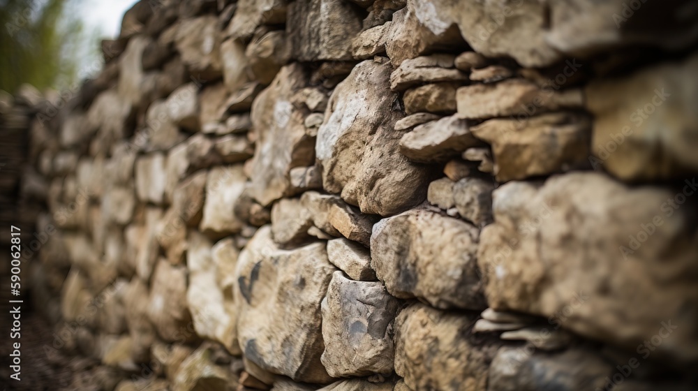 Poster a stone wall made of rocks with a tree in the background and a blurry image of a tree in the foregro