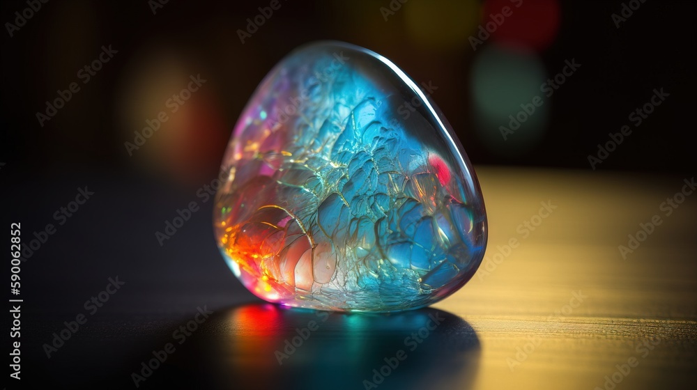 Poster a colorful glass object sitting on a wooden table with a blurry light in the background of the image