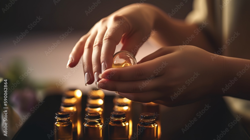 Poster a woman is holding a ring in front of a row of small bottles of oil on a table with candles in the m
