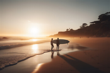 The magic hour: silhouette of a surfers standing on the beach at sunset, gazing out at the sea. peaceful moment.generative ai