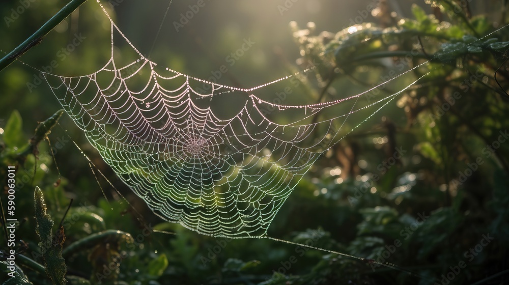 Poster  a spider web in the middle of a forest with the sun shining through the leaves and the spider web in the middle of the forest.  generative ai