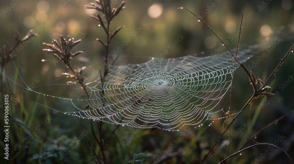 Poster  a dew covered spider web in a field of grass with dew drops on it's web, with a blurry background of grass and dew drops on the grass.  generative ai