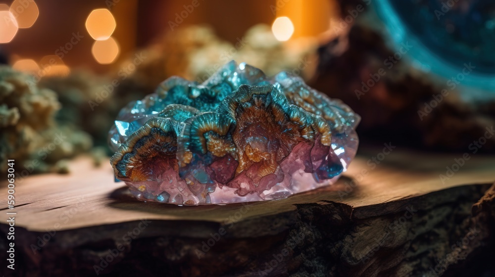 Poster a close up of a piece of rock on a wooden table with lights in the background and a blurry backgroun