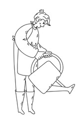 Old lady watering plants. Senior female character holding watering can. Gardening hobby. Vector outline Illustration