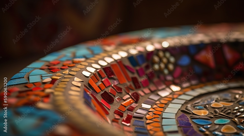 Poster a close up of a plate with many different colors of glass on it and a spoon in the middle of the pla