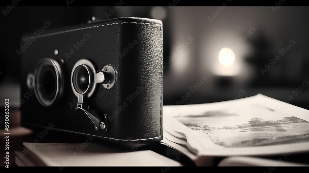 Poster a black and white photo of a book with a camera on top of it and an open book on the side of the boo