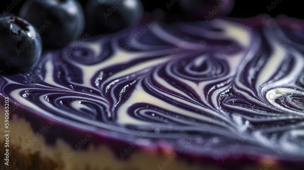 Poster a close up of a cake with blueberries on top and a swirl design on the top of the cake and the rest 
